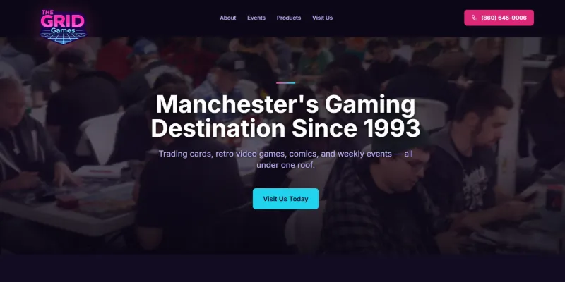 The Grid Games website showing dark gaming aesthetic