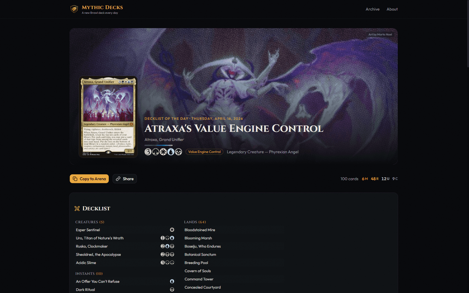 Mythic Decks homepage showing today's featured Arena Brawl decklist for Atraxa, Grand Unifier