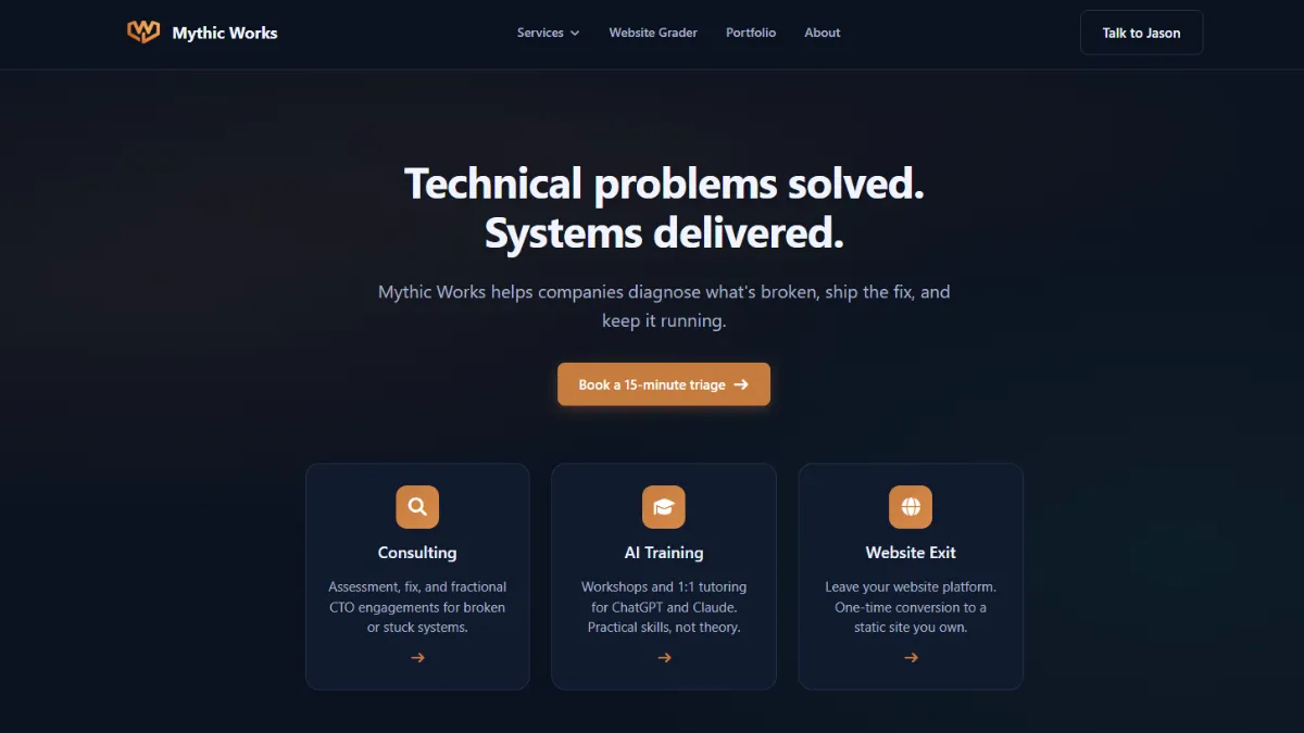 Mythic Works consultancy website with AI Website Grader