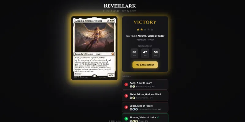 Reveillark daily card-guessing game showing masked MTG card
