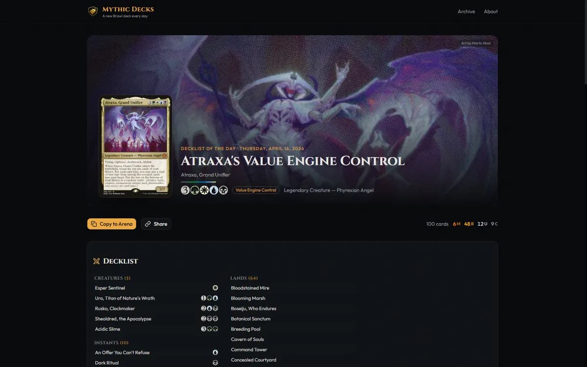 Mythic Decks homepage showing today's featured Arena Brawl decklist for Atraxa, Grand Unifier