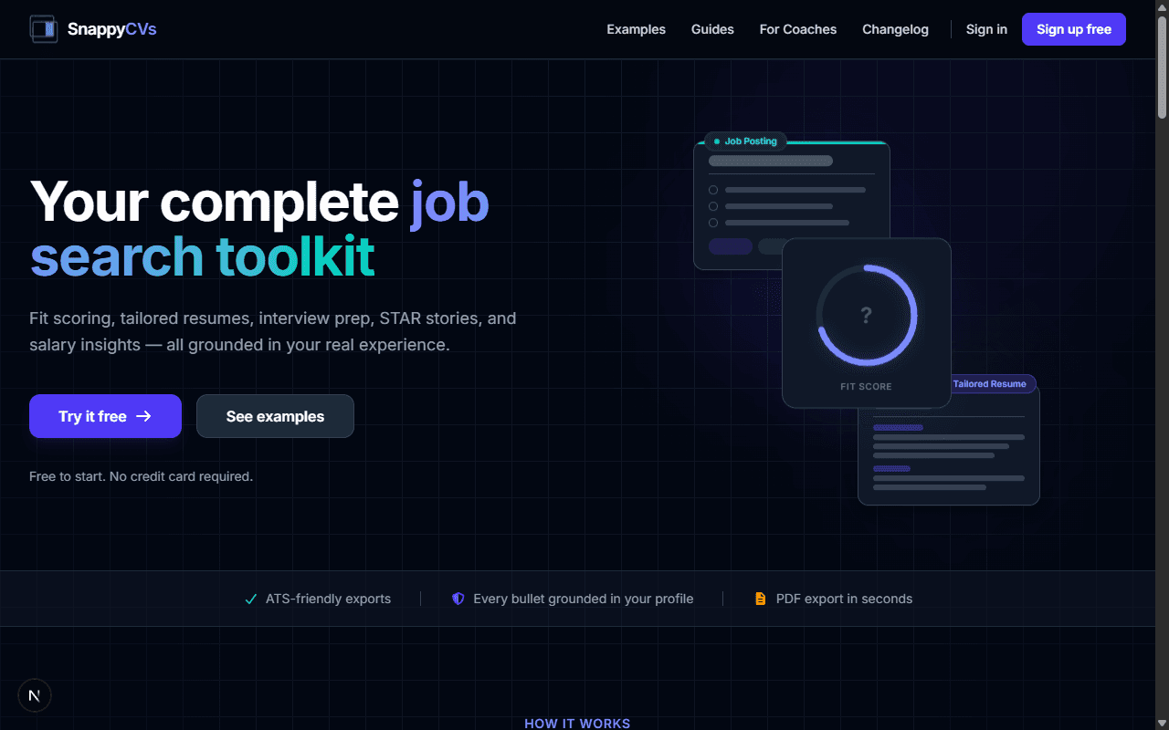 SnappyCVs platform interface showing resume tailoring
