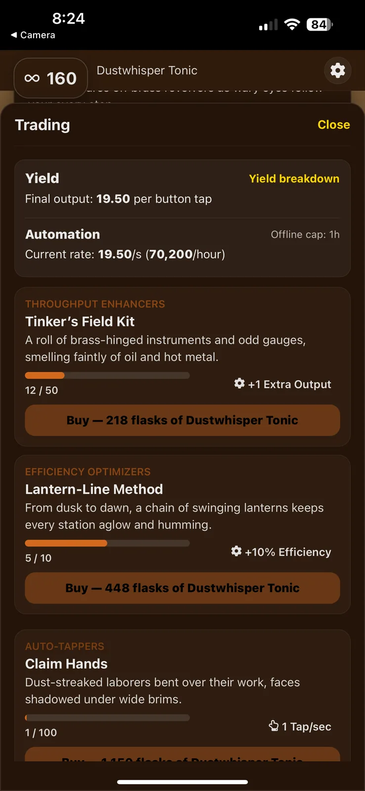 Trading view showing yields, automation, items with bonuses, and workers
