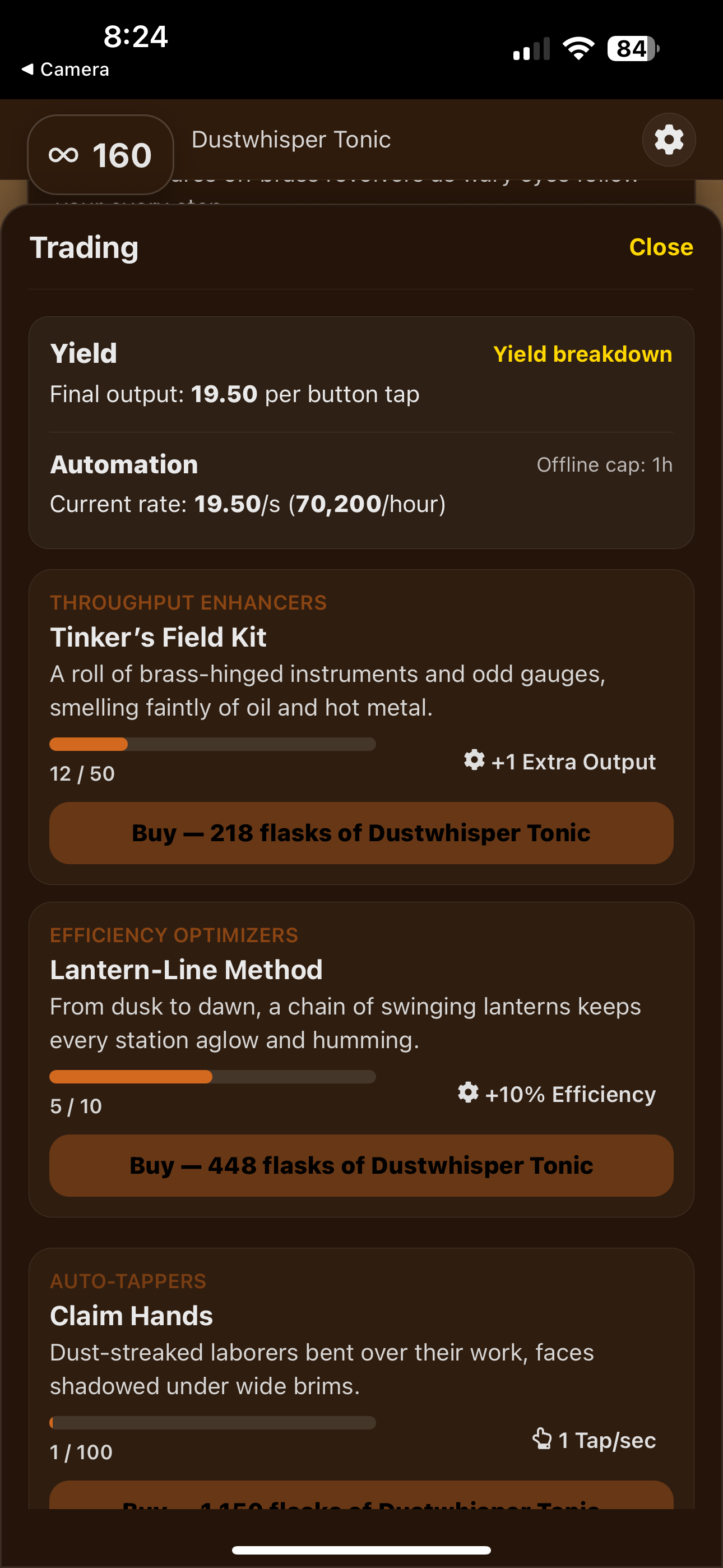 Trading view showing yields, automation, items with bonuses, and workers